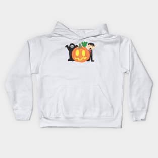 Cute halloween gift of two smiling trick or treats kids with a giant pumpkin Kids Hoodie